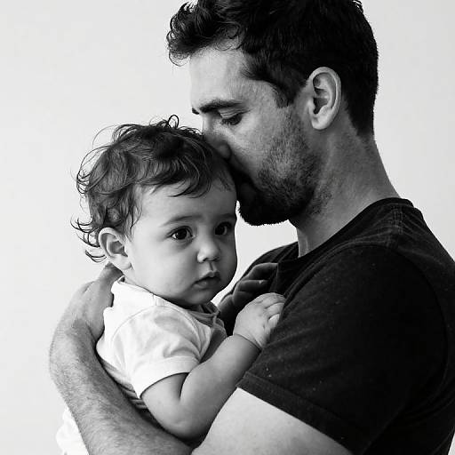 Black-and-white photograph of a bearded man gently kissing the forehead of a curious baby boy, holding him close with a protective embrace.