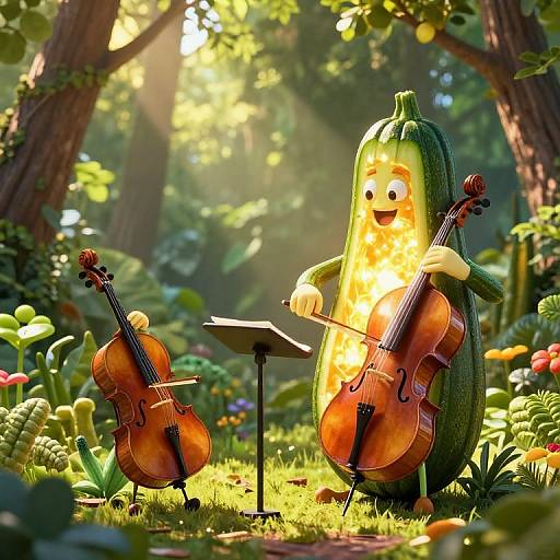 Digital illustration of a smiling, anthropomorphic cucumber playing violin, standing beside a smaller cucumber playing cello, in a sunlit, enchanted forest with mushrooms
