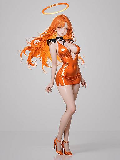 Realistic Woman in Vibrant Orange Dress