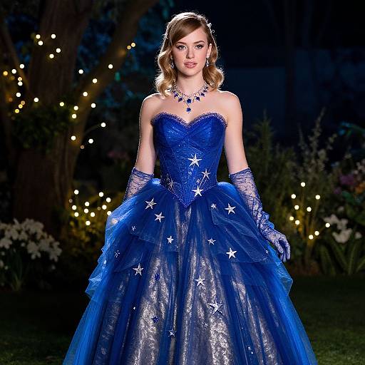 Photograph of a blonde woman in a vibrant blue, star-embellished ball gown and gloves, wearing a matching necklace, standing in a dark