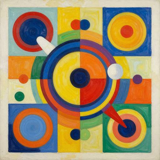Vibrant abstract painting with colorful geometric circles in red, blue, yellow, orange, and green, arranged in a symmetrical, grid-like pattern