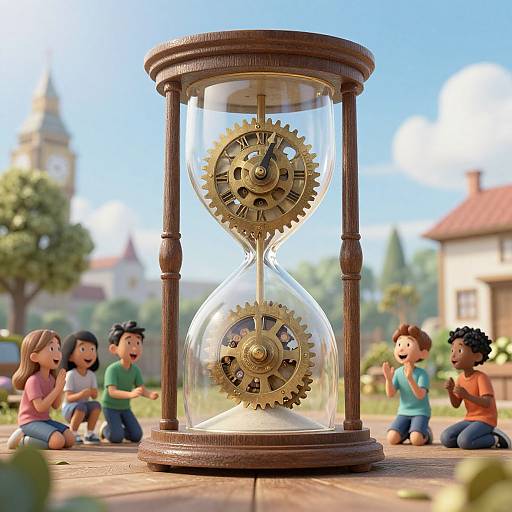 Photorealistic CGI of six animated children watching a large, glass-encased wooden hourglass with golden gears in a sunlit, suburban park.