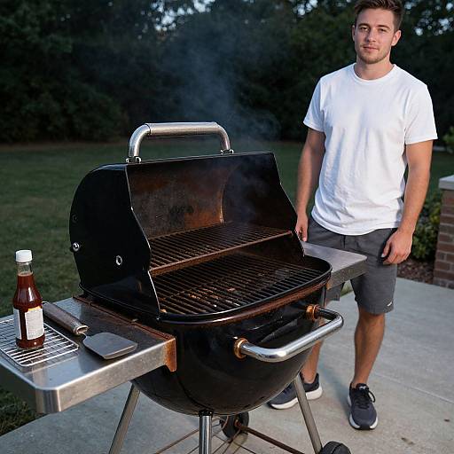 Photograph of a young man in a white t-shirt and black shorts standing beside a black charcoal grill with smoke, a bottle of beer on the table
