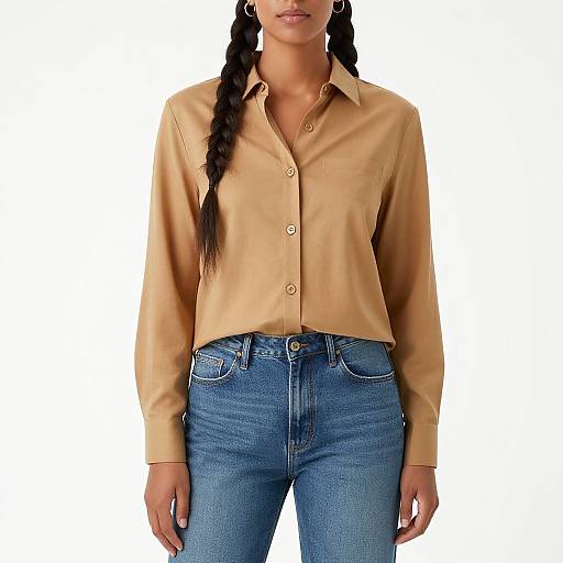 Photograph of a woman with medium brown skin, long black braided hair, wearing a beige button-up shirt and blue high-waisted jeans,
