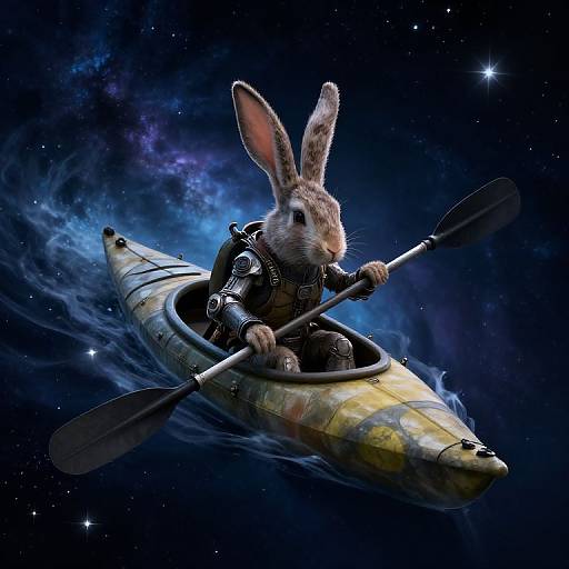 Biopunk Rabbit Kayaking Through Nebula