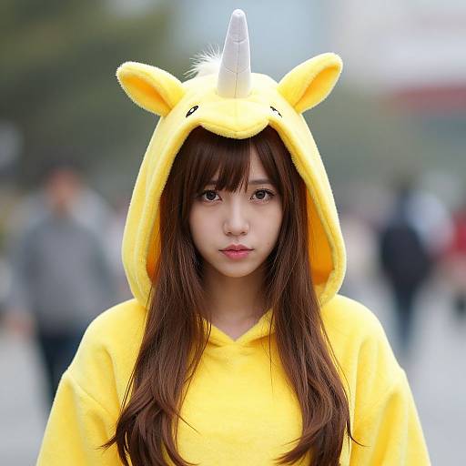 Photograph of an East Asian woman with long brown hair, wearing a yellow unicorn hooded onesie, standing in a blurred urban background.
