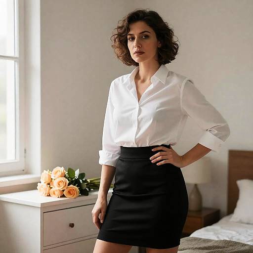 Confident Woman in Sunlit Bedroom