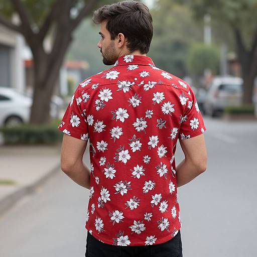 Photograph of a bearded man with short dark hair, wearing a red shirt with white floral patterns, standing on a street.
