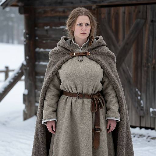 Photograph of a serious, blonde woman in a medieval-style grey dress and brown cloak, standing in a snowy, wooden barn.