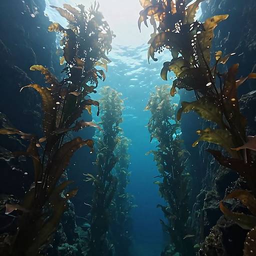Underwater photograph of a vibrant aquatic scene with sunlight filtering through, surrounded by tall, dense seaweed and numerous small, yellow fish. Blue water creates