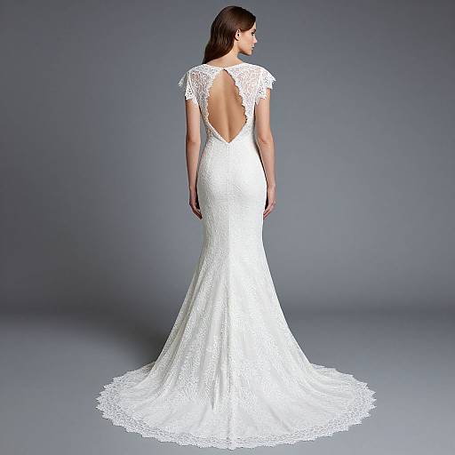 Photograph of a woman with long brown hair wearing a white, lace, backless, mermaid-style wedding dress with a lace train, standing against