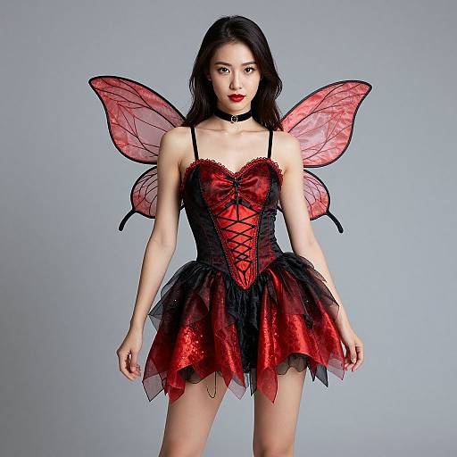 Photo of an Asian woman with black hair, wearing a red-black lace corset, black mesh skirt, and red fairy wings, against a gray background