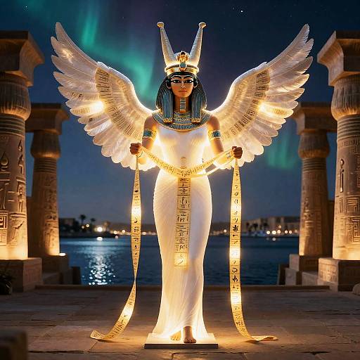 Luminous Isis Goddess Statue with Wings and Hieroglyphic Ribbons