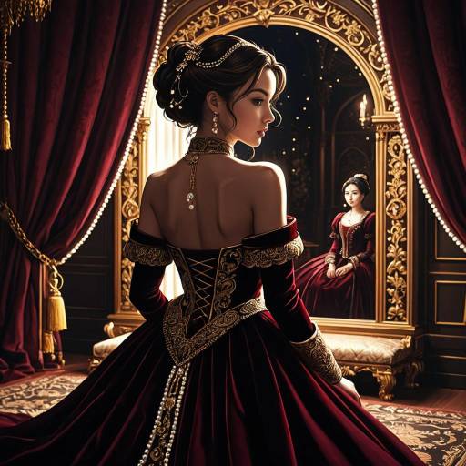 Regal Woman in Velvet Gown Reflected in Ornate Mirror