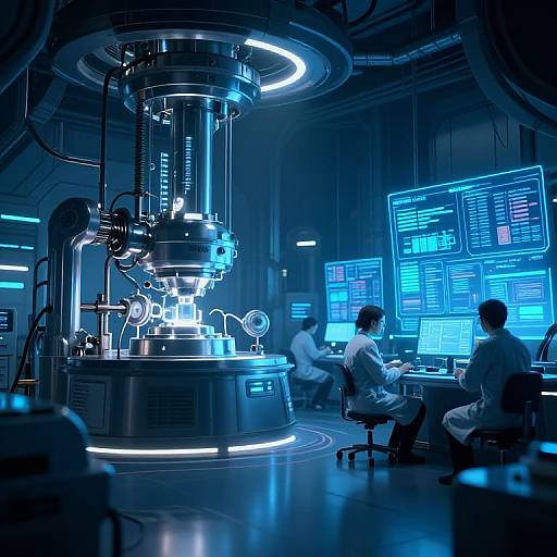 Photograph of a futuristic, blue-lit control room with three scientists in white lab coats, monitoring advanced machinery and multiple computer screens.