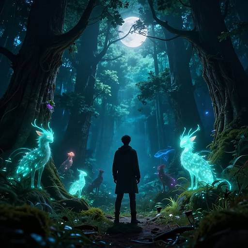 Silhouetted figure stands in mystical moonlit forest, surrounded by glowing blue ethereal deer with antlers, illuminated by soft, magical light.