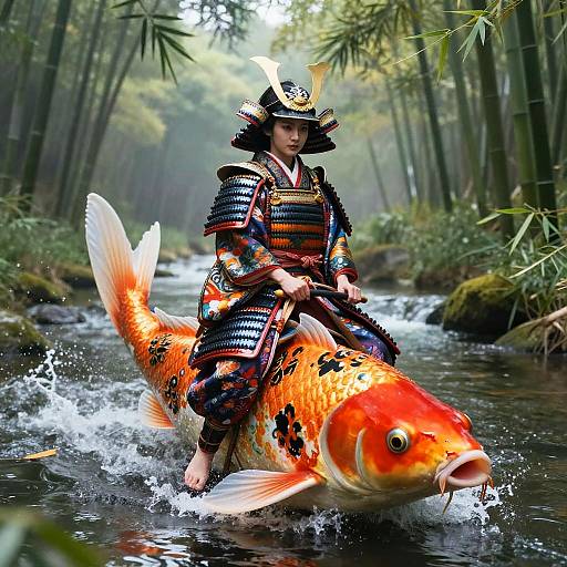 Digital artwork of a samurai riding a large, vibrant orange koi fish through a flowing forest stream, wearing detailed armor and helmet.