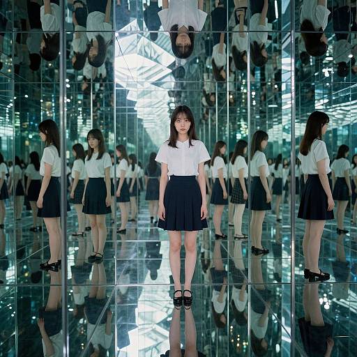 Photograph of an Asian woman with straight black hair, wearing a white blouse and black skirt, standing in a mirrored room with multiple reflections, creating a
