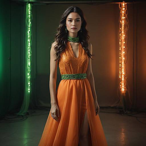 Woman in Burnt Orange Evening Dress with Green Beaded Accents