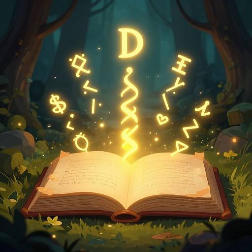A glowing open book in a dark forest, with yellow, floating letters spelling 