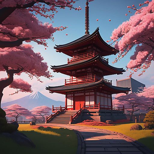 Japanese Pagoda with Cherry Blossoms