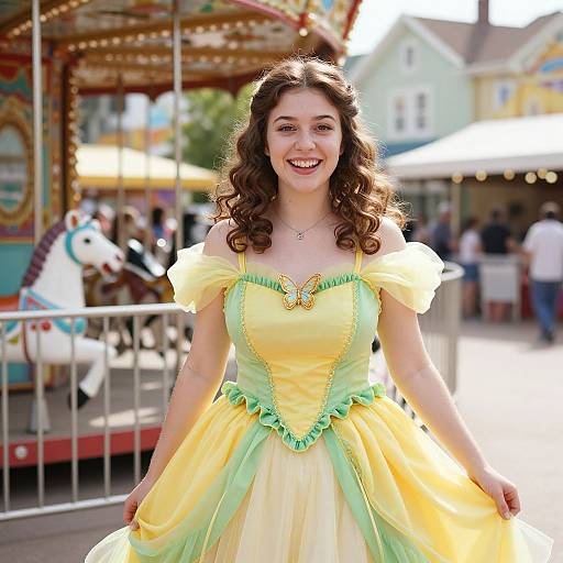 Photograph of a smiling young woman with curly brown hair wearing a yellow and green, heart-shaped, off-shoulder fairy tale dress, standing in