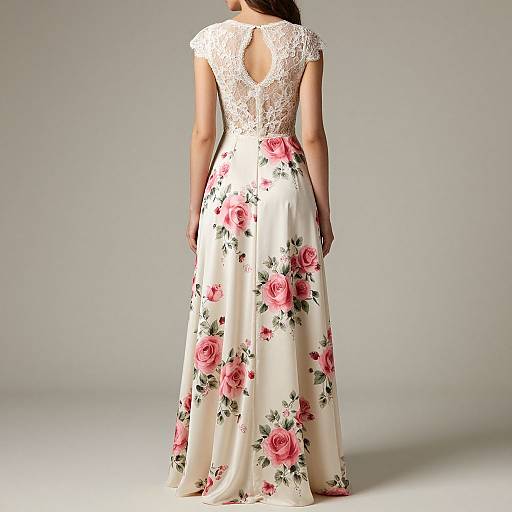 Photograph of a woman wearing a white, floral-embellished, floor-length gown with lace back and floral patterns, standing against a plain gray