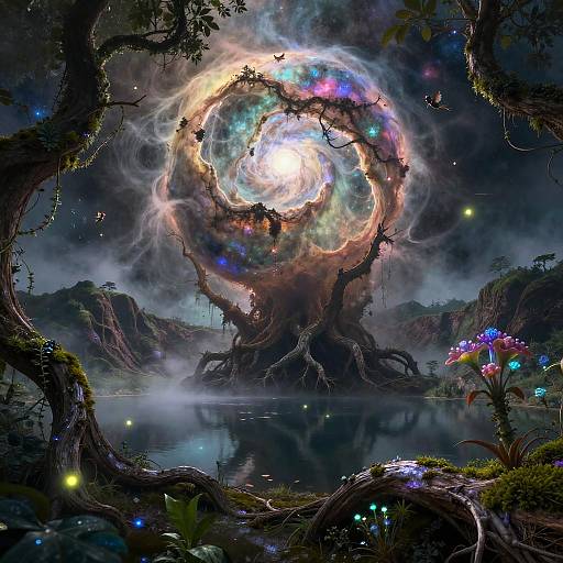 Ethereal Nebula Orb Over Misty Lake