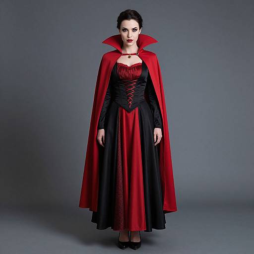 Photograph of a pale-skinned woman with dark hair in a red and black Victorian-style vampire dress and cape, standing against a gray background.