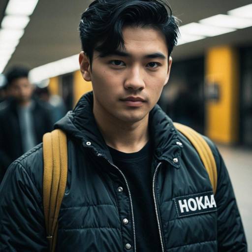 Young Asian Man in Black Hoaka Jacket with Backpack