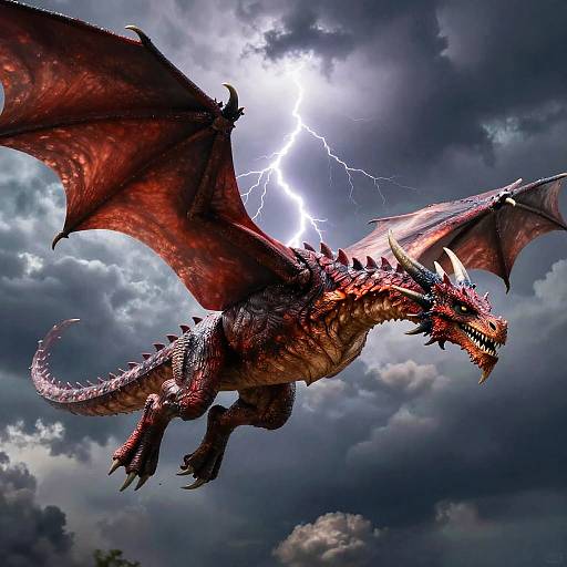Realistic Red Dragon in Stormy Skies