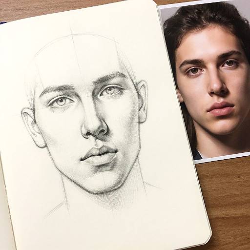 Photograph of a realistic pencil sketch of a young man's face next to a photograph of the same man with dark hair.