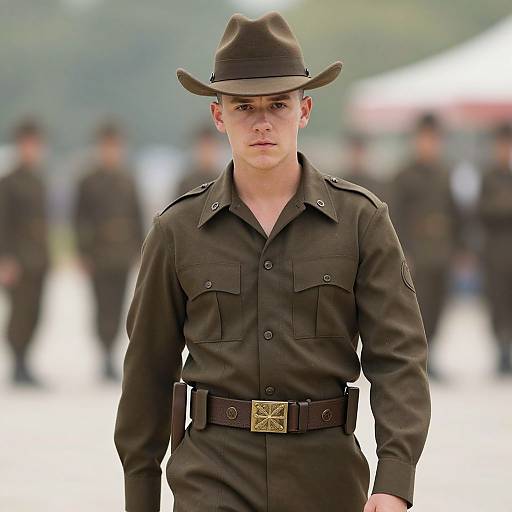Photograph of a serious young man in a brown cowboy hat and black uniform with a belt and star-shaped buckle, standing in a blurred, outdoor setting