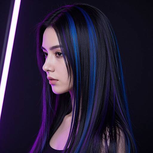 Photograph of a young woman with long, straight black hair with blue highlights, side profile, wearing black, against a dark background with a white vertical