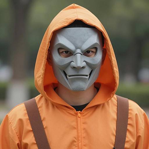 Person in Gray Angular Mask and Orange Hooded Costume