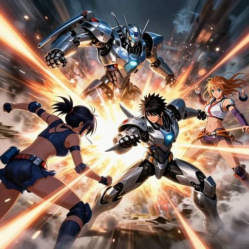Dynamic anime-style digital artwork of four fighters: two armored, one in mid-air, one with orange hair, surrounded by bright explosions.