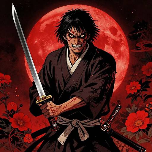 Zombie Samurai Under Red Moon