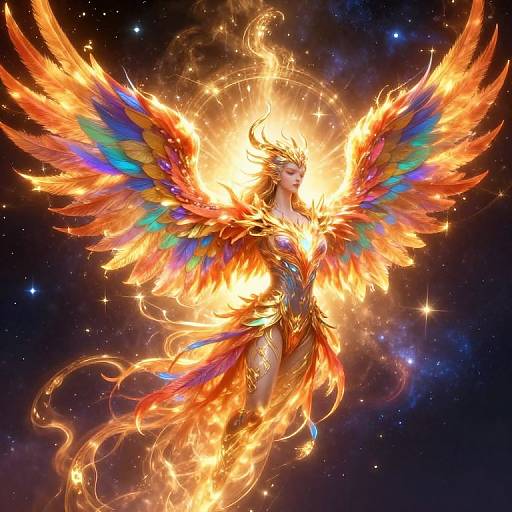 Digital art of a fiery, winged angel with vibrant orange, red, yellow, and blue feathers, glowing against a starry cosmic background.