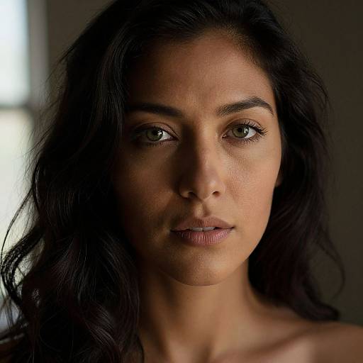 Close-up photograph of a serious-looking woman with long black hair, olive skin, and green eyes, slightly shadowed with a dark background.