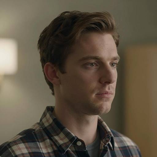 Young Man in Plaid Shirt with Neutral Expression