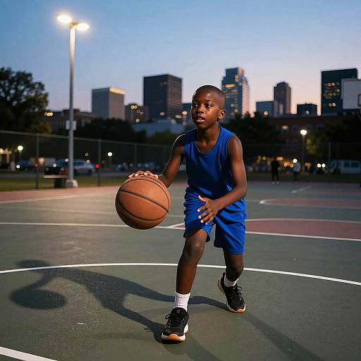 Boy Playing Basketball at Dusk