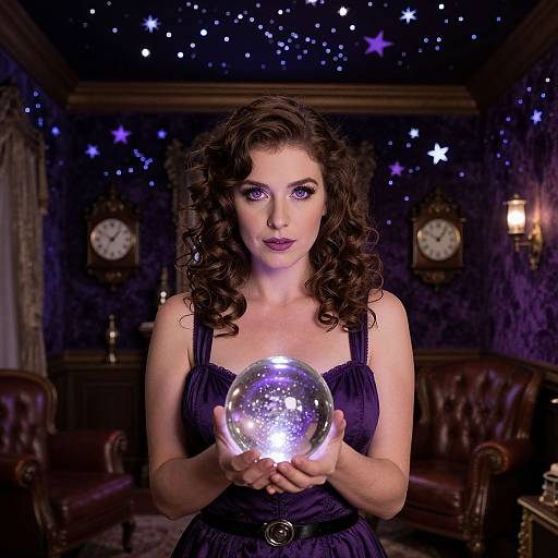 Photograph of a curly-haired woman with purple eyes, wearing a black dress, holding a glowing snow globe in a starry, vintage room.