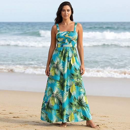 Photograph of a brunette woman with medium skin tone wearing a blue and green tropical-patterned sundress, standing on a sandy beach with the ocean and
