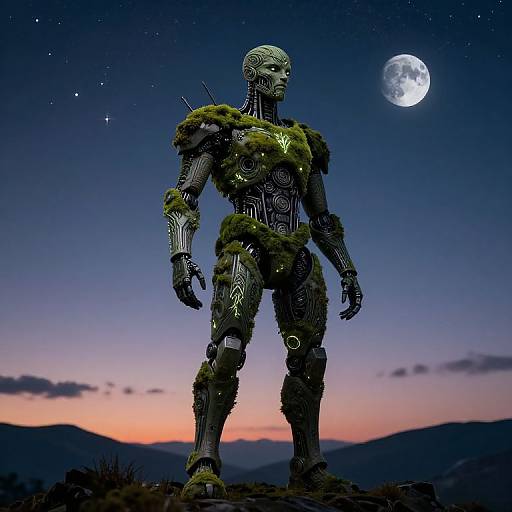 Photorealistic CGI of a robotic humanoid with glowing green circuits and moss-covered armor, standing under a full moon in a twilight mountain landscape.