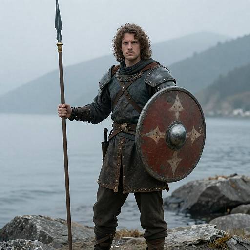 Determined Medieval Warrior on Rocky Shore