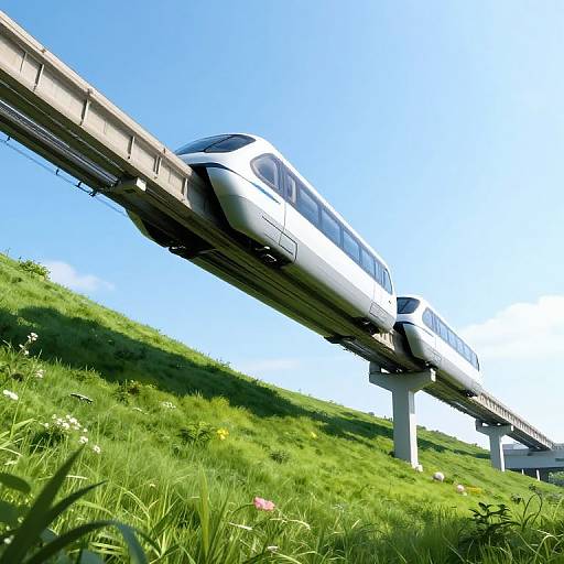 Photograph of a sleek, white and black futuristic train traveling on an elevated track through a lush, green hillside under a bright blue sky.