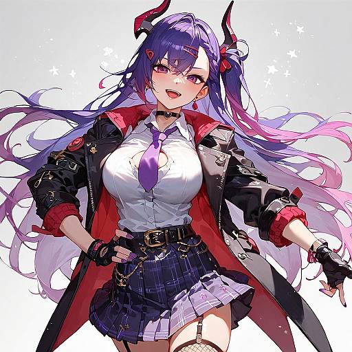 Anime Girl with Demon Horns and Purple Hair