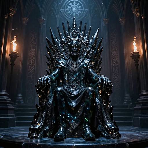 Photograph of a dark, metallic, throne-like chair with spiky armor, set in a dimly lit, gothic-style cathedral with candles and