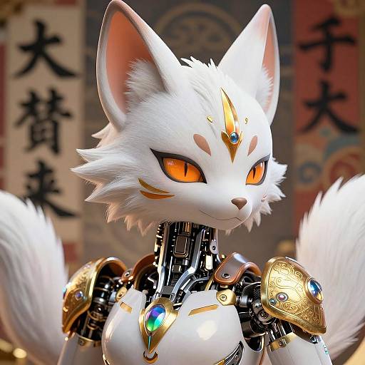 Digital artwork of a white-furred, anthropomorphic fox with glowing orange eyes, wearing gold-accented robotic armor, set against a blurred Asian-style