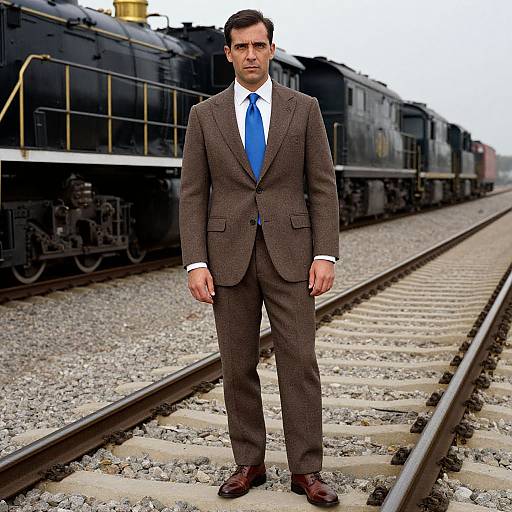Photograph of a handsome man in a brown suit, blue tie, and white shirt, standing on train tracks with black locomotives in the background